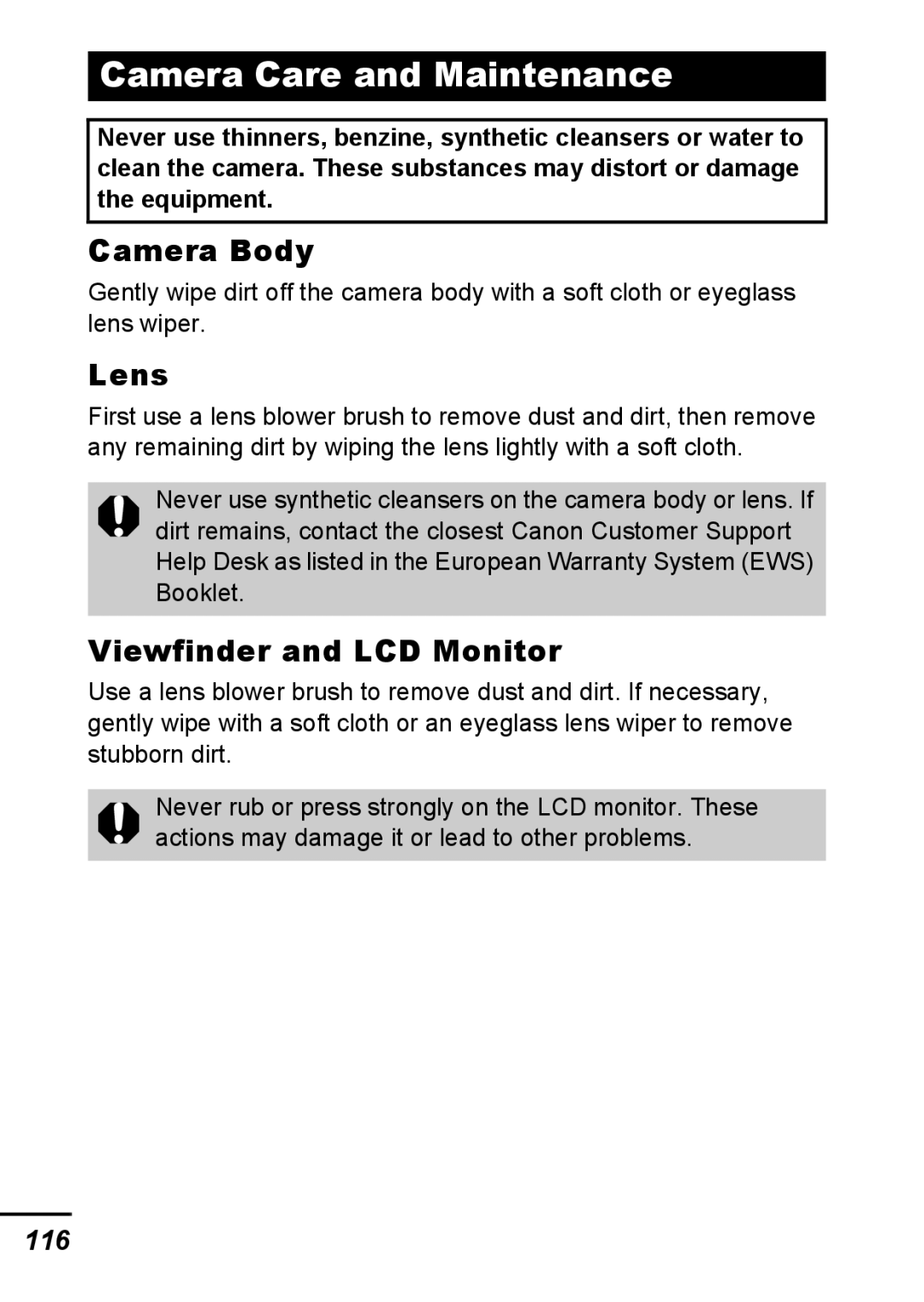 Canon A540 appendix Camera Care and Maintenance, Camera Body, Lens, Viewfinder and LCD Monitor, 116 