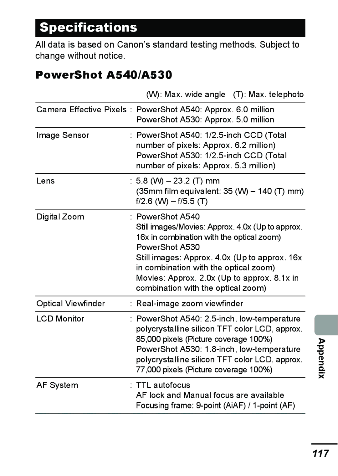 Canon appendix Specifications, PowerShot A540/A530, 117 