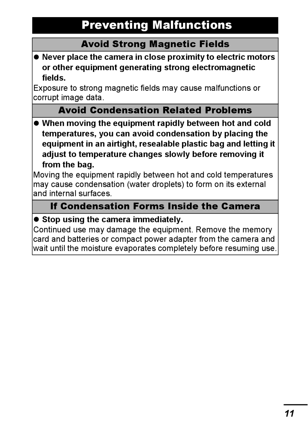 Canon A540 appendix Preventing Malfunctions, Avoid Strong Magnetic Fields, Avoid Condensation Related Problems 