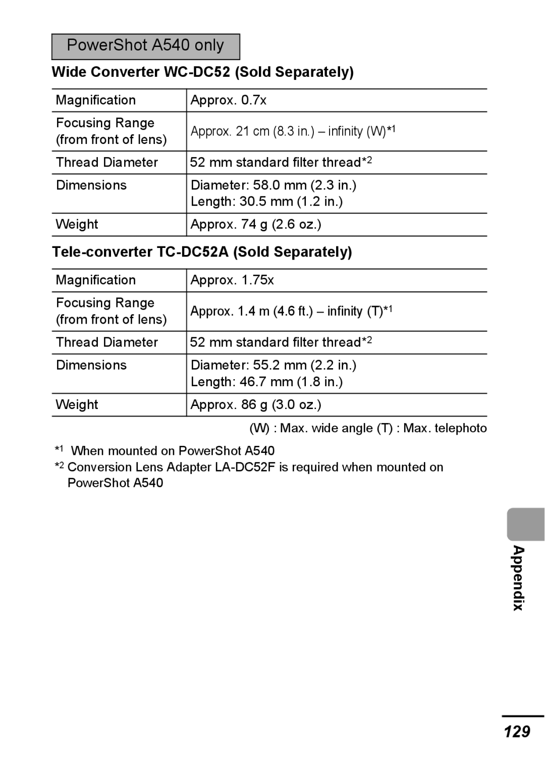 Canon A540 appendix 129, Wide Converter WC-DC52 Sold Separately, Tele-converter TC-DC52A Sold Separately 