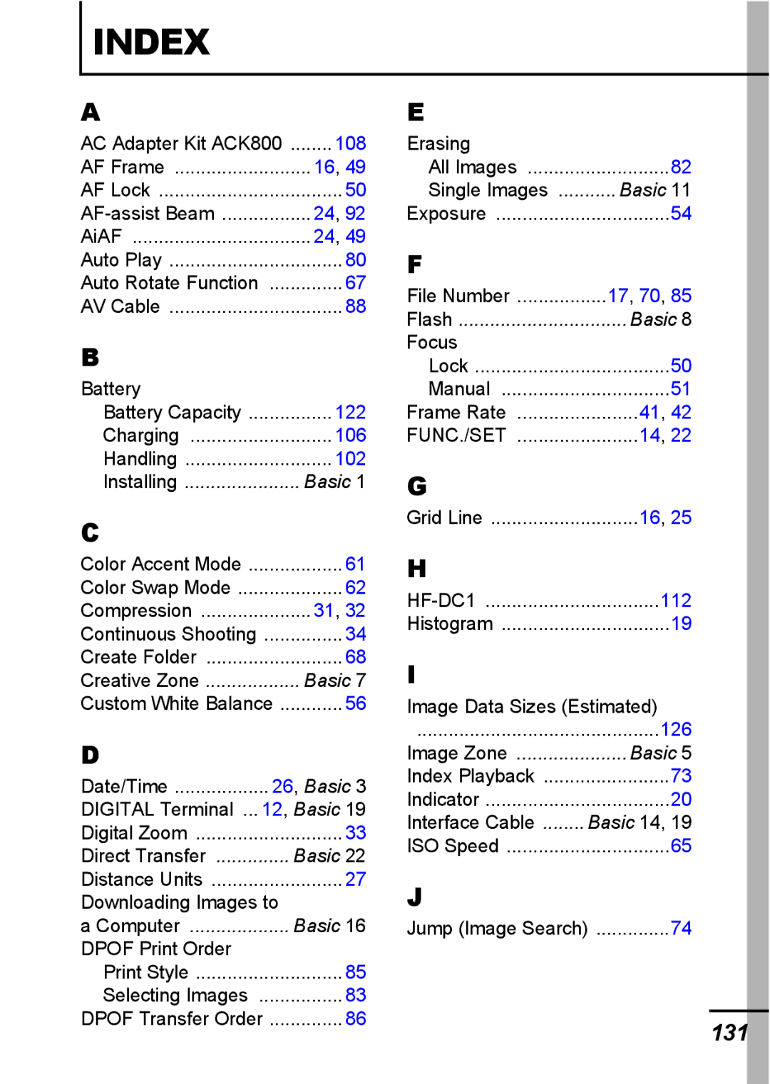 Canon A540 appendix Index, 131 