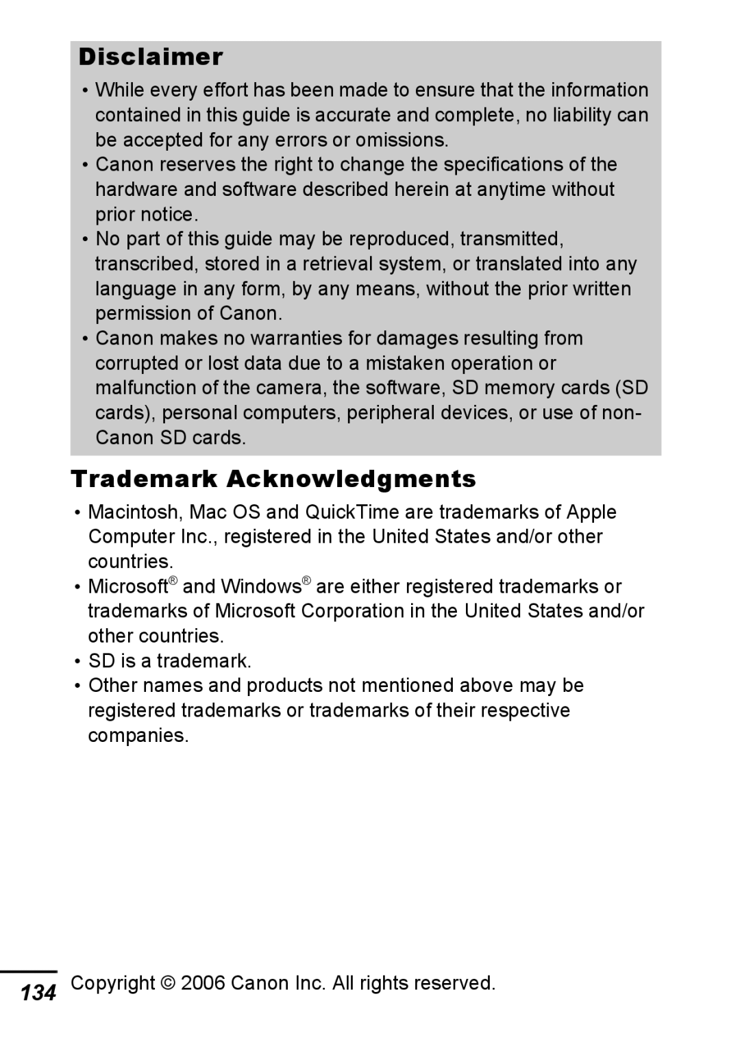 Canon A540 appendix Disclaimer, Trademark Acknowledgments 