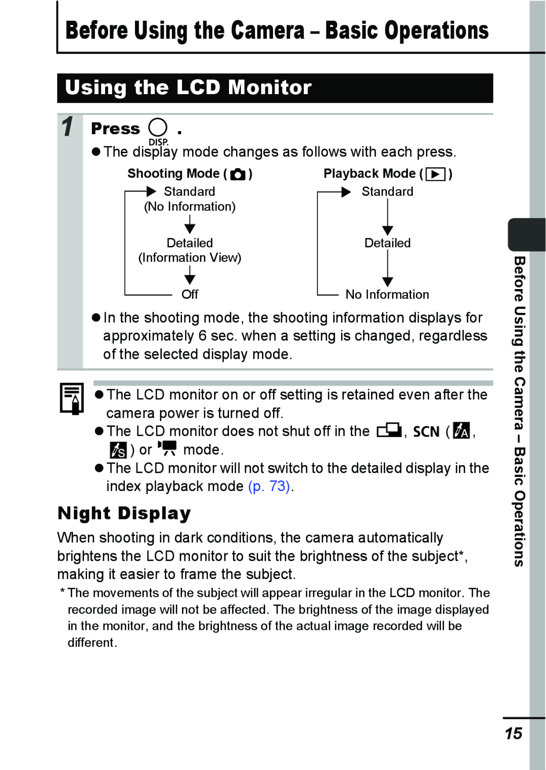 Canon A540 appendix Using the LCD Monitor, Night Display, Press, Display mode changes as follows with each press 