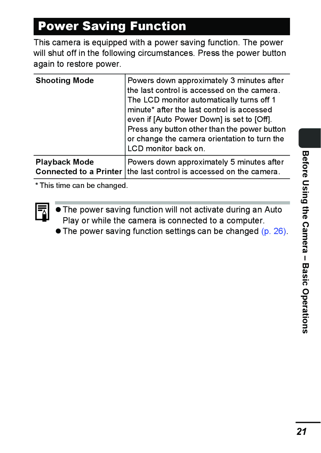 Canon A540 appendix Power Saving Function, Power saving function settings can be changed p, Shooting Mode, Playback Mode 