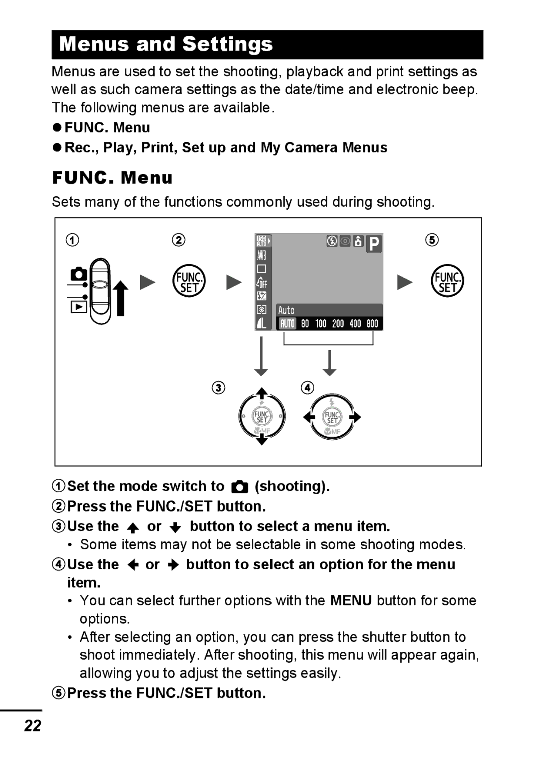 Canon A540 appendix Menus and Settings, FUNC. Menu 