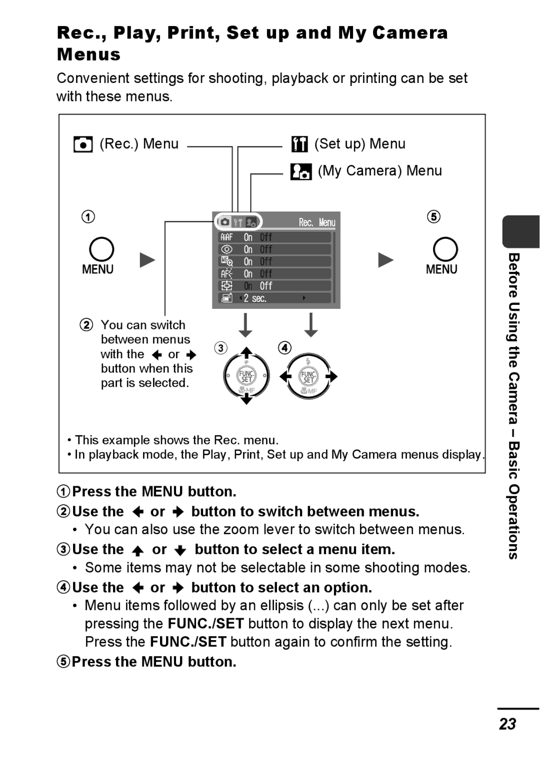 Canon A540 appendix Rec., Play, Print, Set up and My Camera Menus 