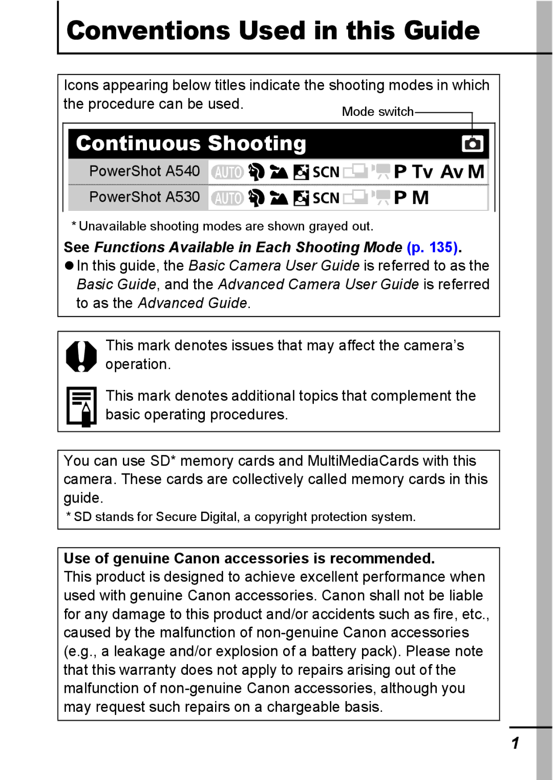 Canon appendix Continuous Shooting, PowerShot A540 PowerShot A530, Use of genuine Canon accessories is recommended 