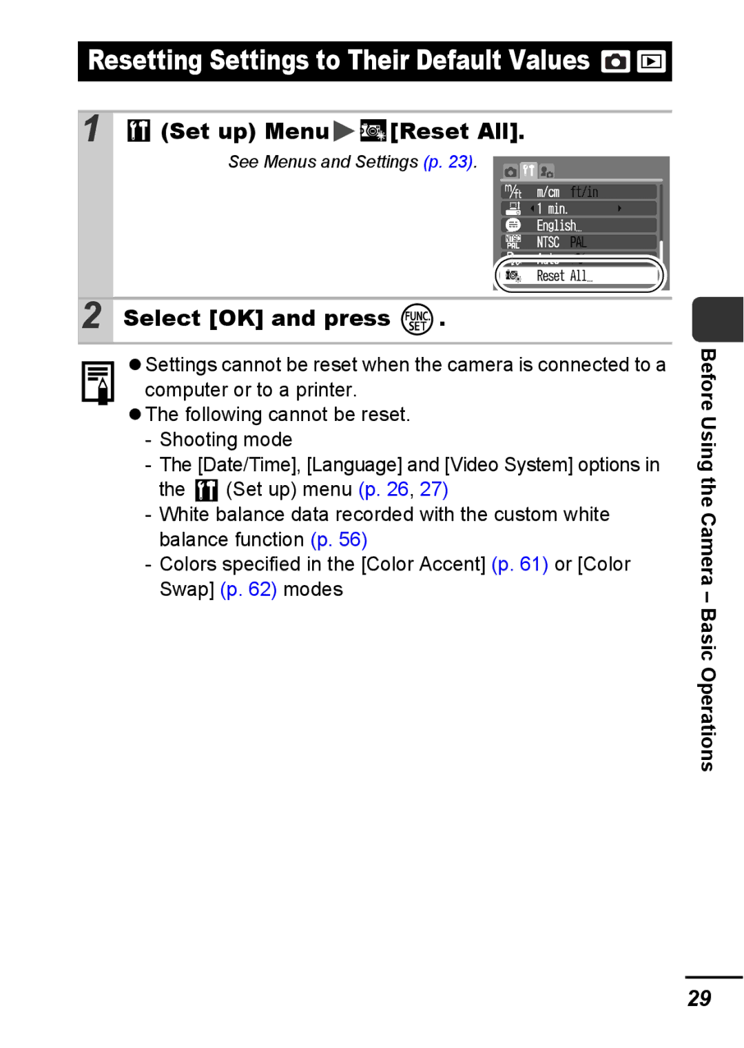 Canon A540 appendix Set up Menu Reset All, Select OK and press 