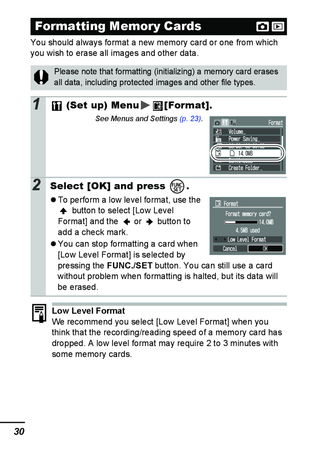 Canon A540 appendix Formatting Memory Cards, Set up Menu Format, Low Level Format 