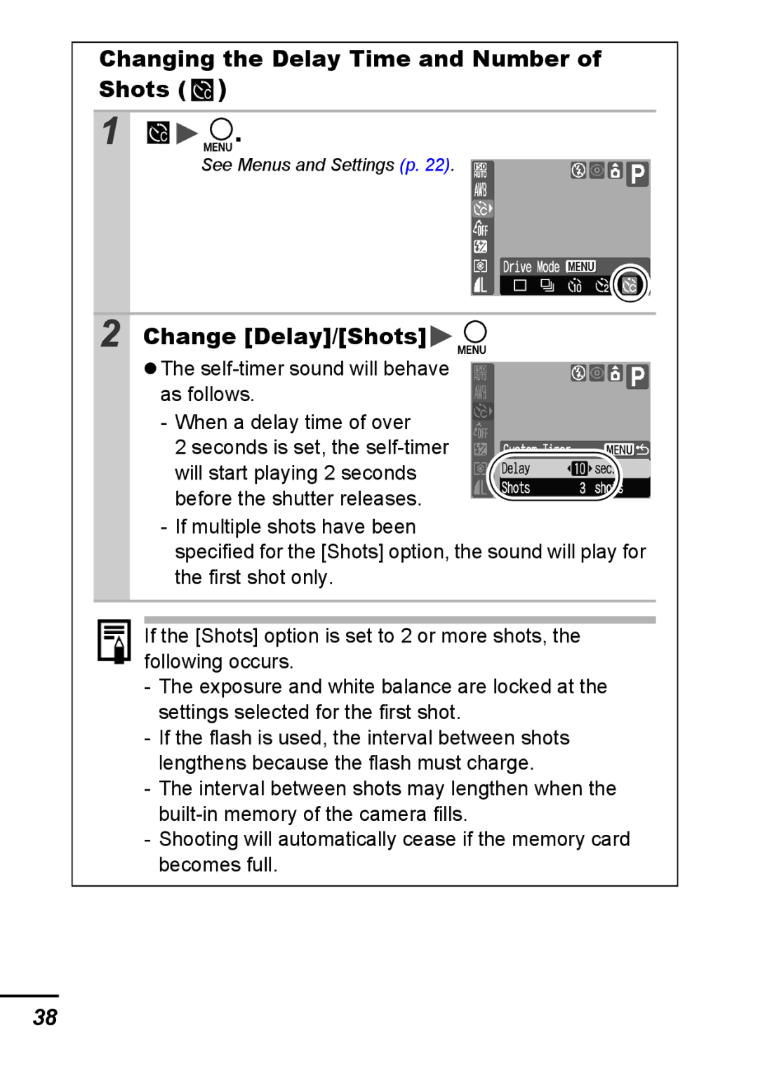 Canon A540 appendix Changing the Delay Time and Number of Shots, Change Delay/Shots 