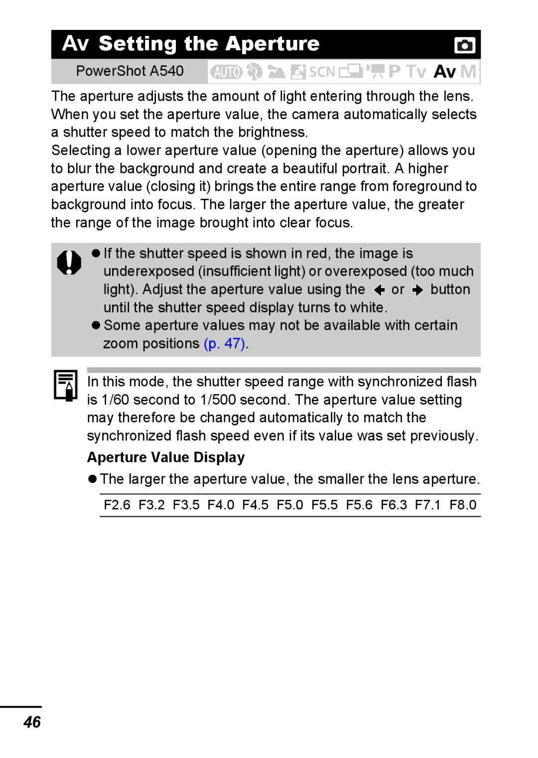 Canon A540 appendix Setting the Aperture, Aperture Value Display 