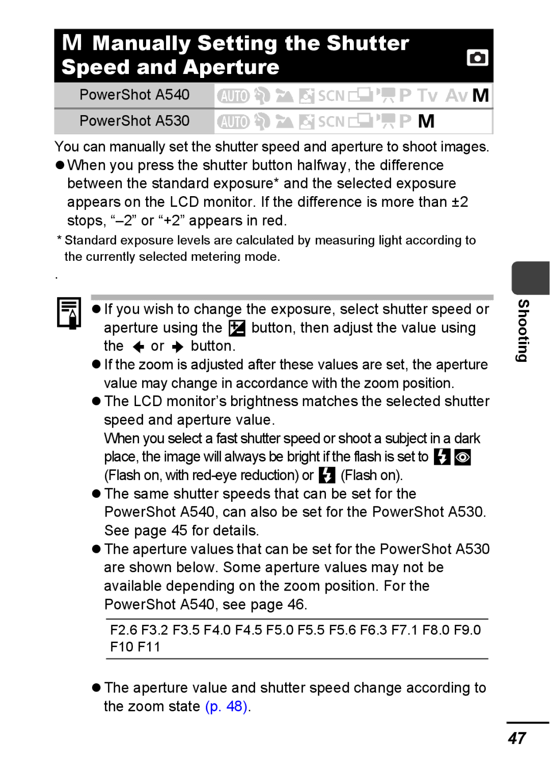 Canon appendix Manually Setting the Shutter Speed and Aperture, PowerShot A540 PowerShot A530 