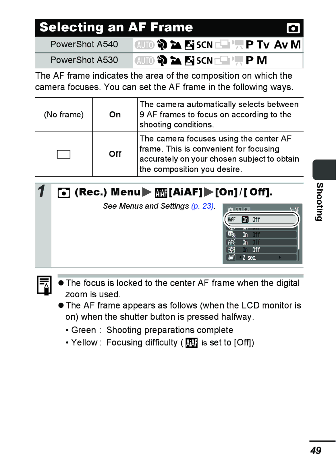 Canon A540 appendix Selecting an AF Frame, Rec. Menu AiAF On/Off 