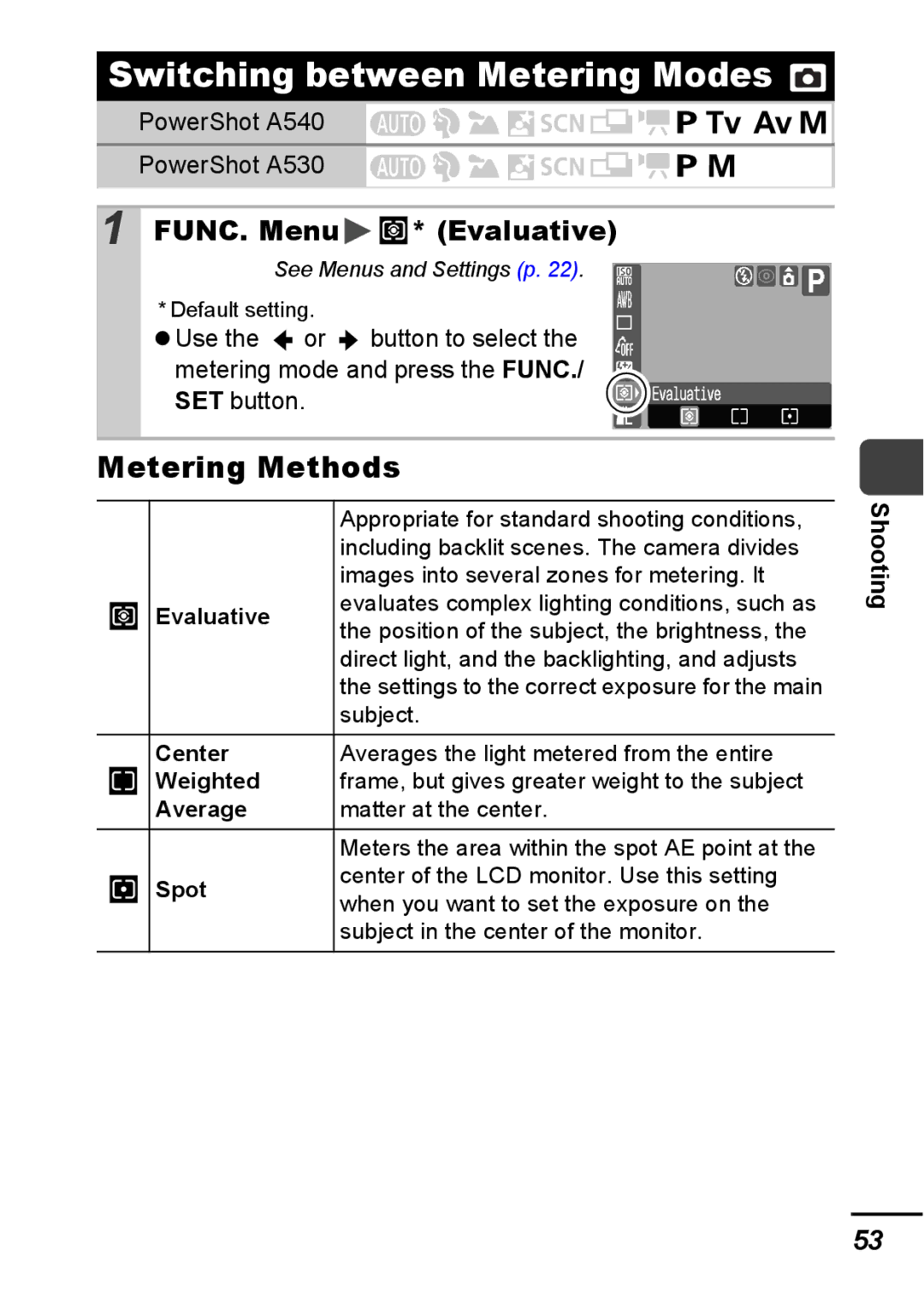 Canon A540 appendix Switching between Metering Modes, Metering Methods, FUNC. Menu * Evaluative 