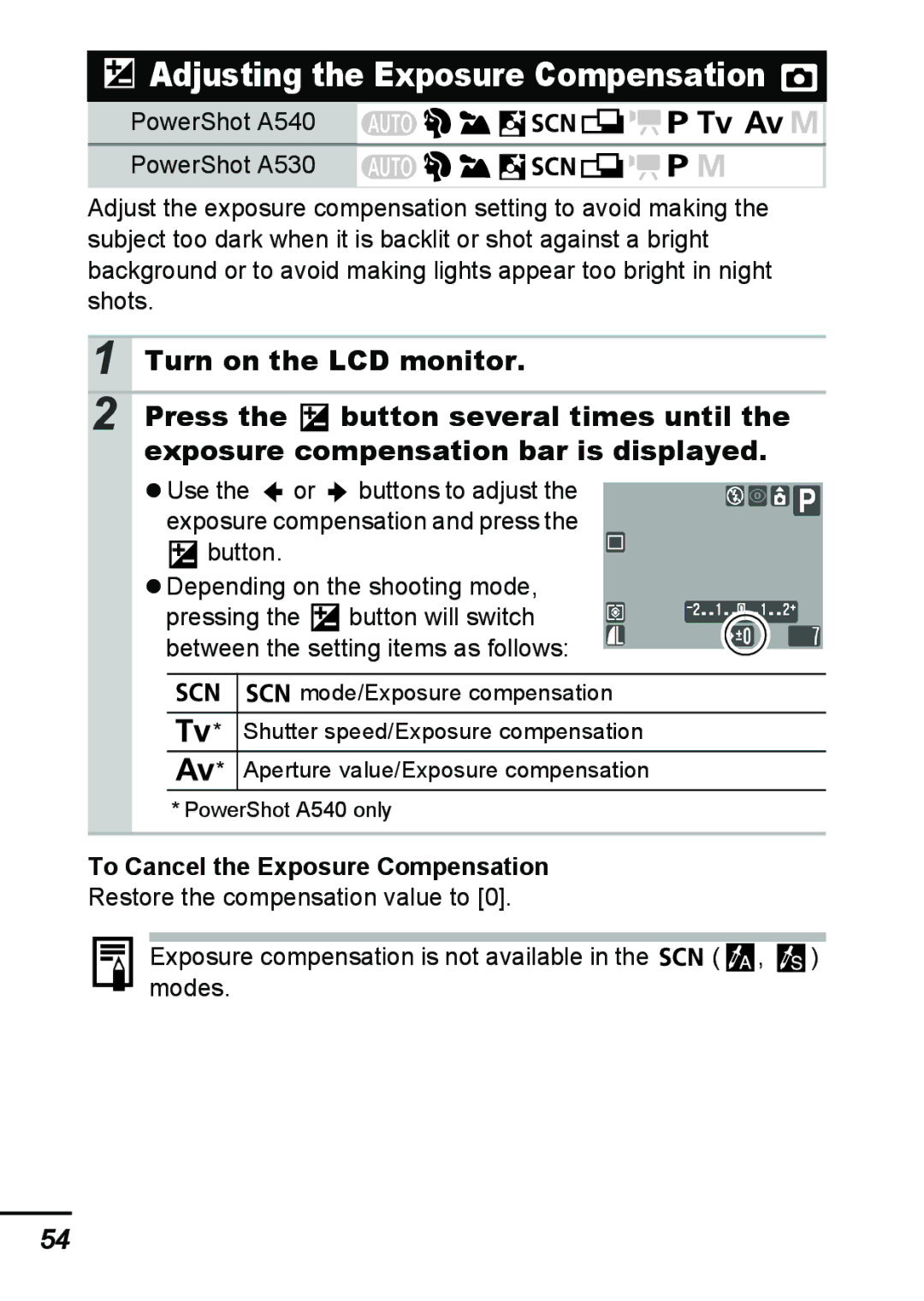 Canon A540 appendix Adjusting the Exposure Compensation, To Cancel the Exposure Compensation 