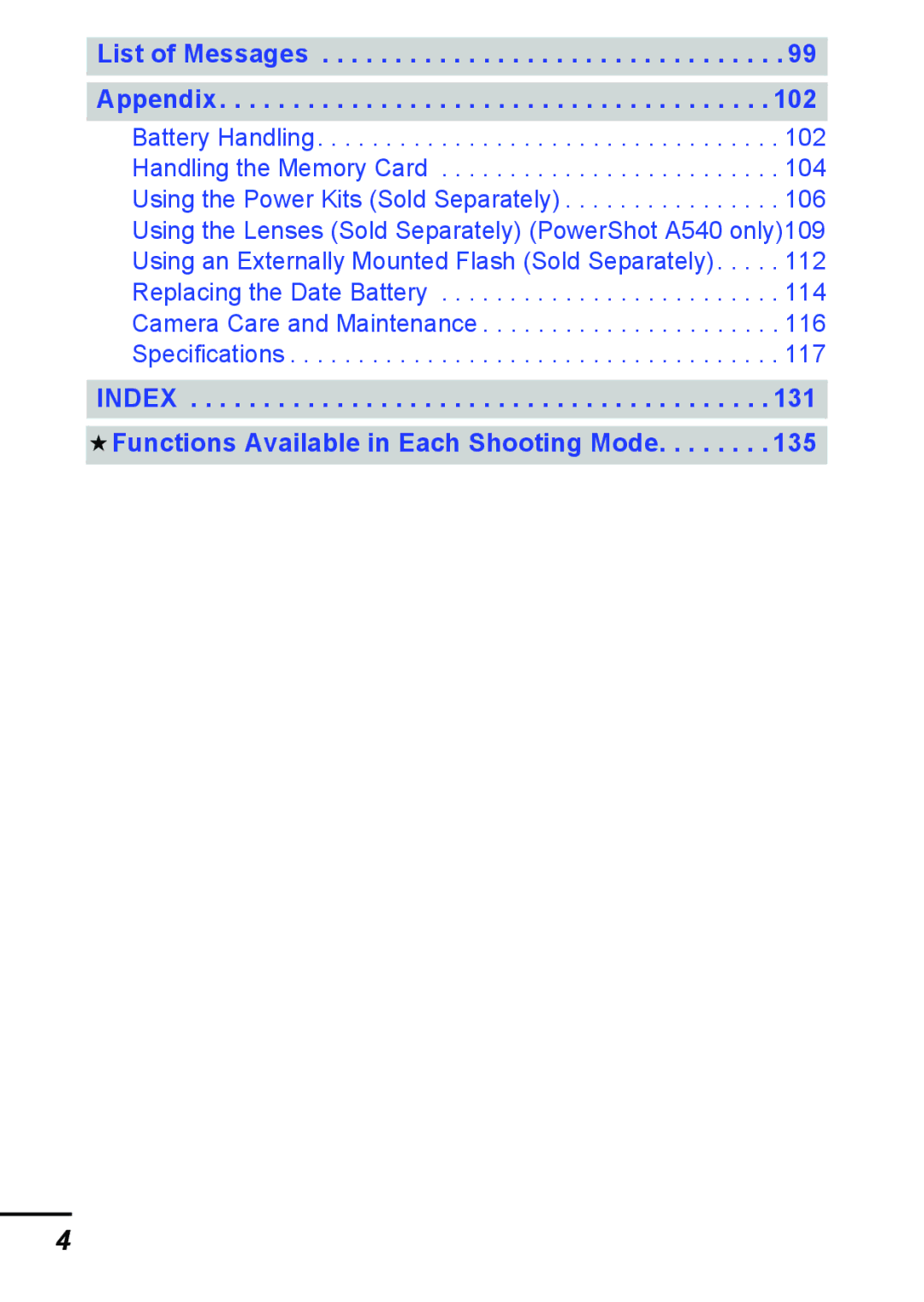 Canon A540 appendix Index Functions Available in Each Shooting Mode 