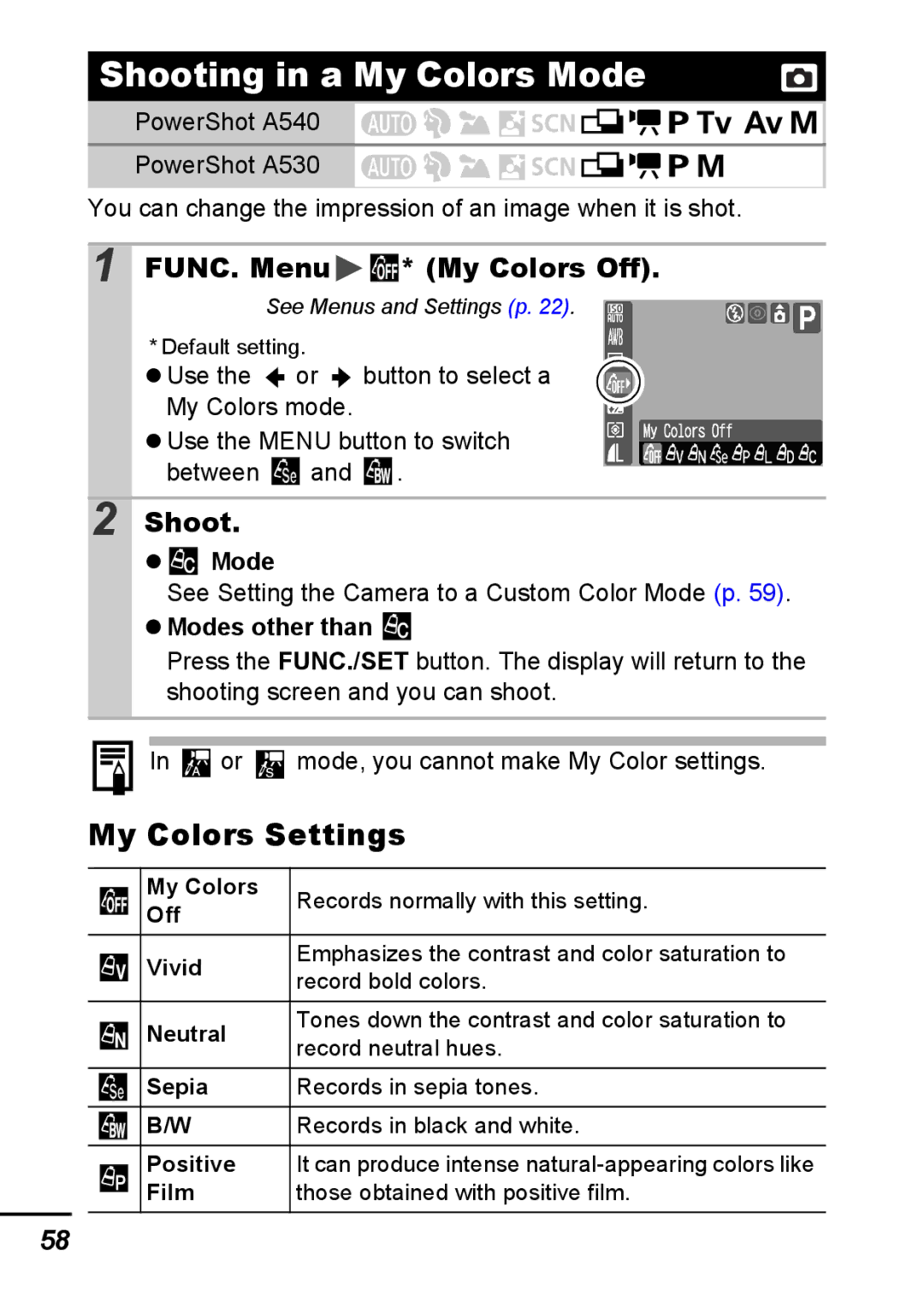 Canon A540 appendix Shooting in a My Colors Mode, My Colors Settings, FUNC. Menu * My Colors Off, Modes other than 