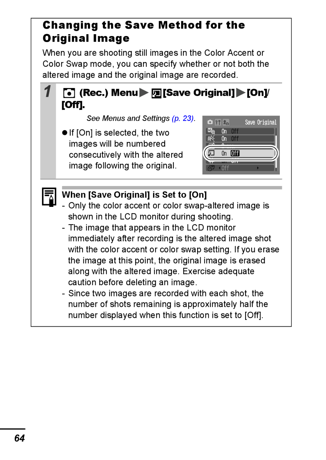 Canon A540 appendix Changing the Save Method for the Original Image, Rec. Menu Save Original On/ Off 