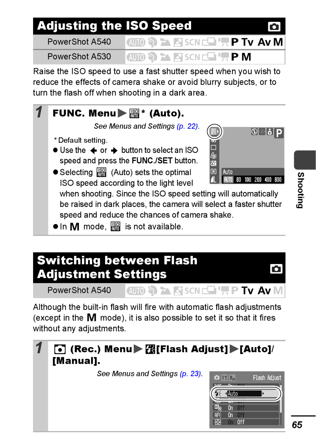 Canon A540 Adjusting the ISO Speed, Switching between Flash Adjustment Settings, Rec. Menu Flash Adjust Auto/ Manual 