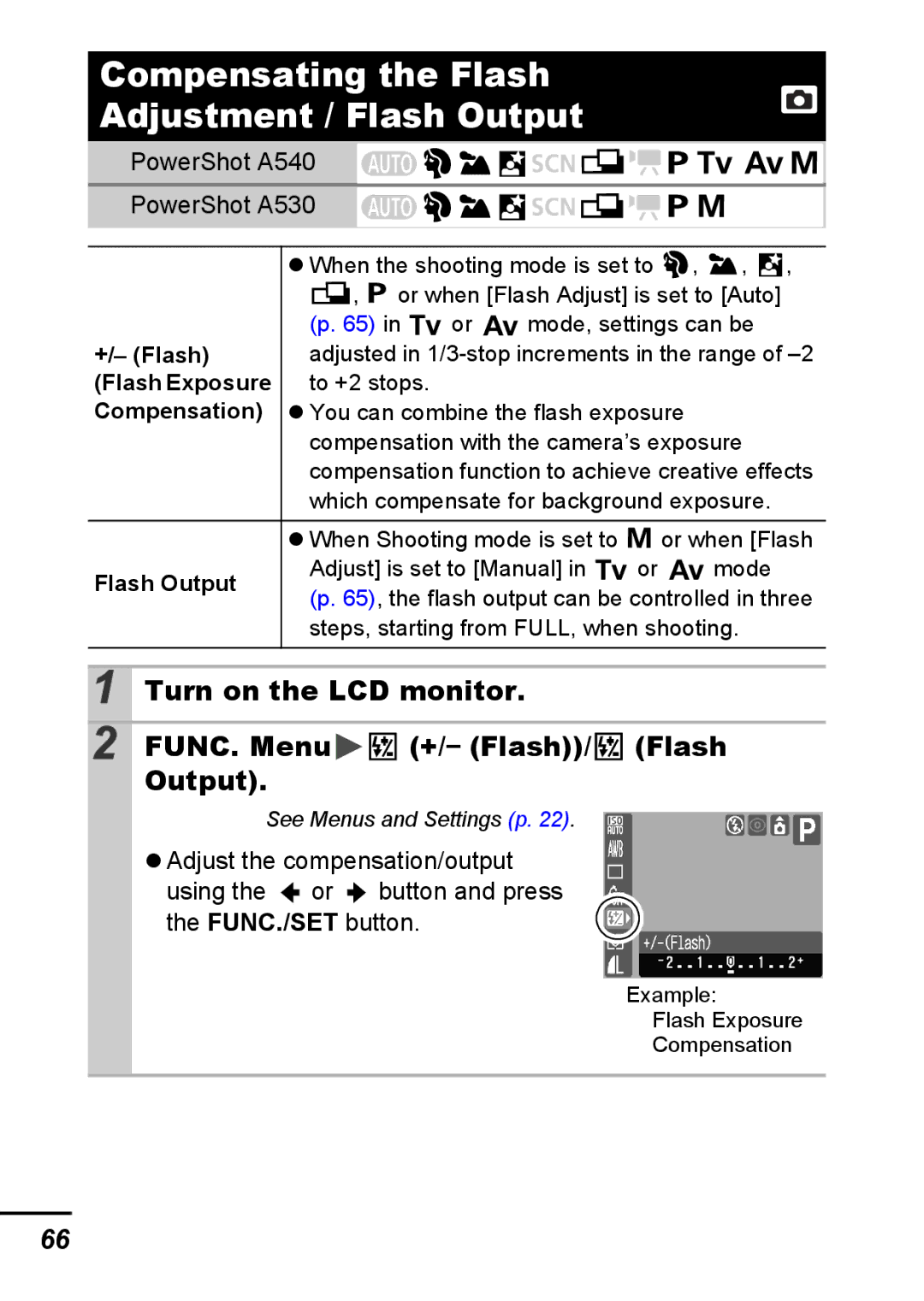 Canon A540 Compensating the Flash Adjustment / Flash Output, Turn on the LCD monitor FUNC. Menu +/- Flash/ Flash Output 