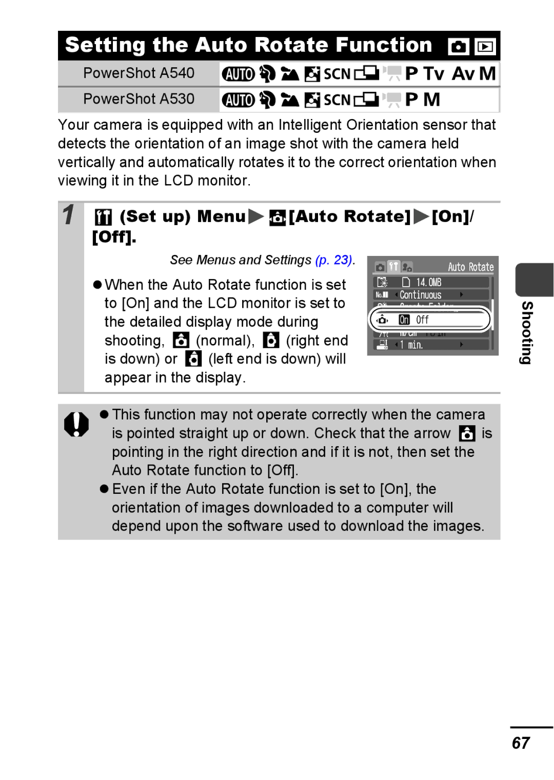 Canon A540 appendix Setting the Auto Rotate Function, Set up Menu Auto Rotate On/ Off 