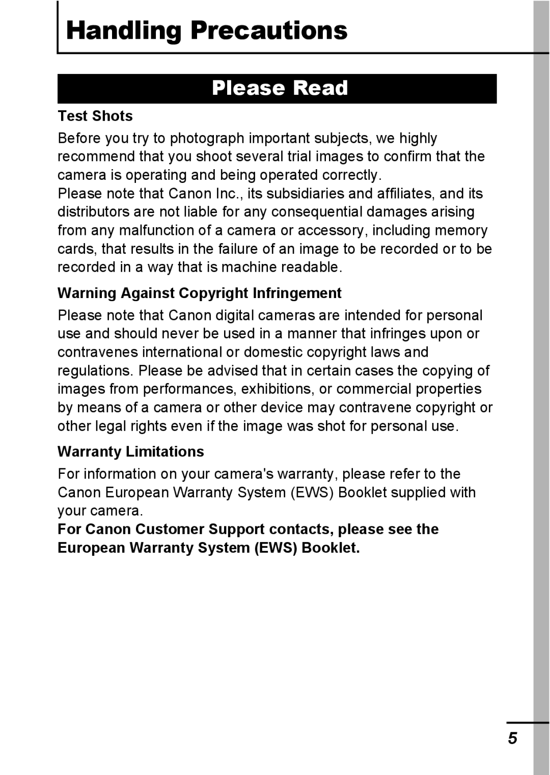 Canon A540 appendix Please Read, Test Shots, Warranty Limitations 