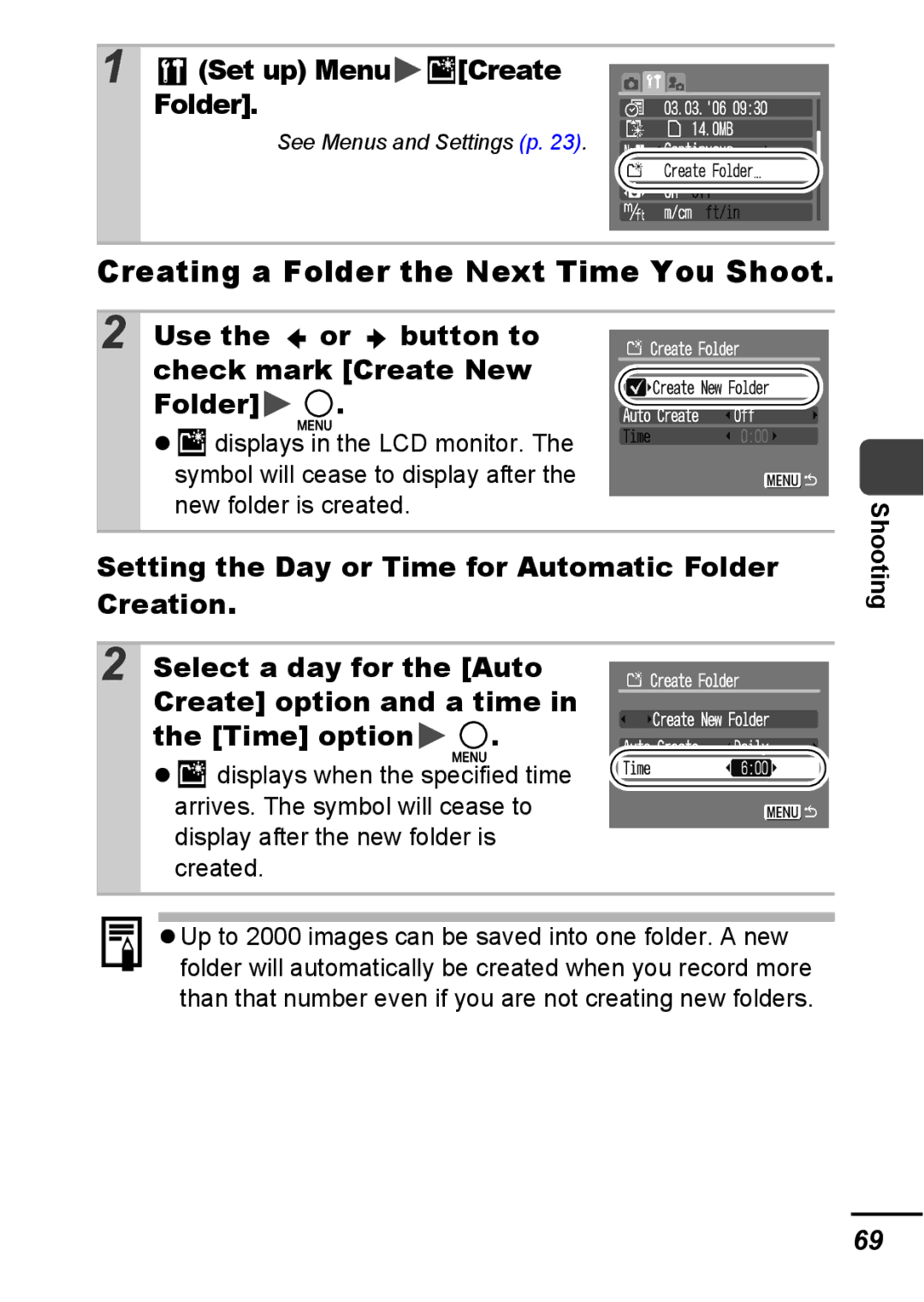 Canon A540 appendix Creating a Folder the Next Time You Shoot, Set up Menu Create Folder 