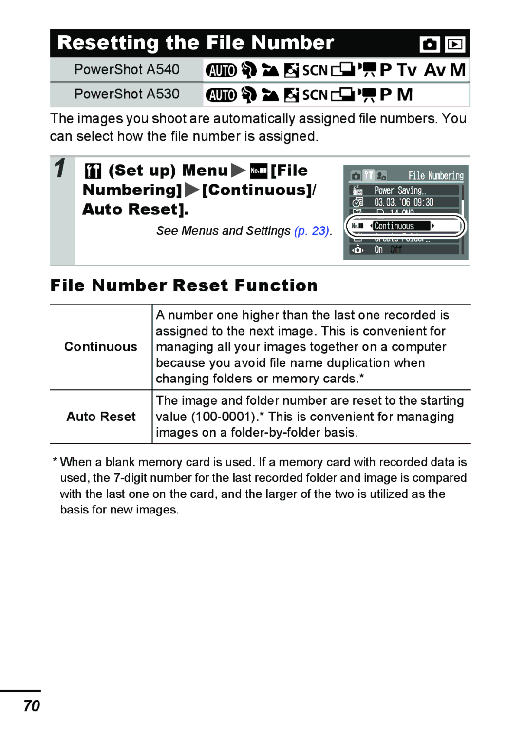 Canon A540 Resetting the File Number, File Number Reset Function, Set up Menu File Numbering Continuous/ Auto Reset 