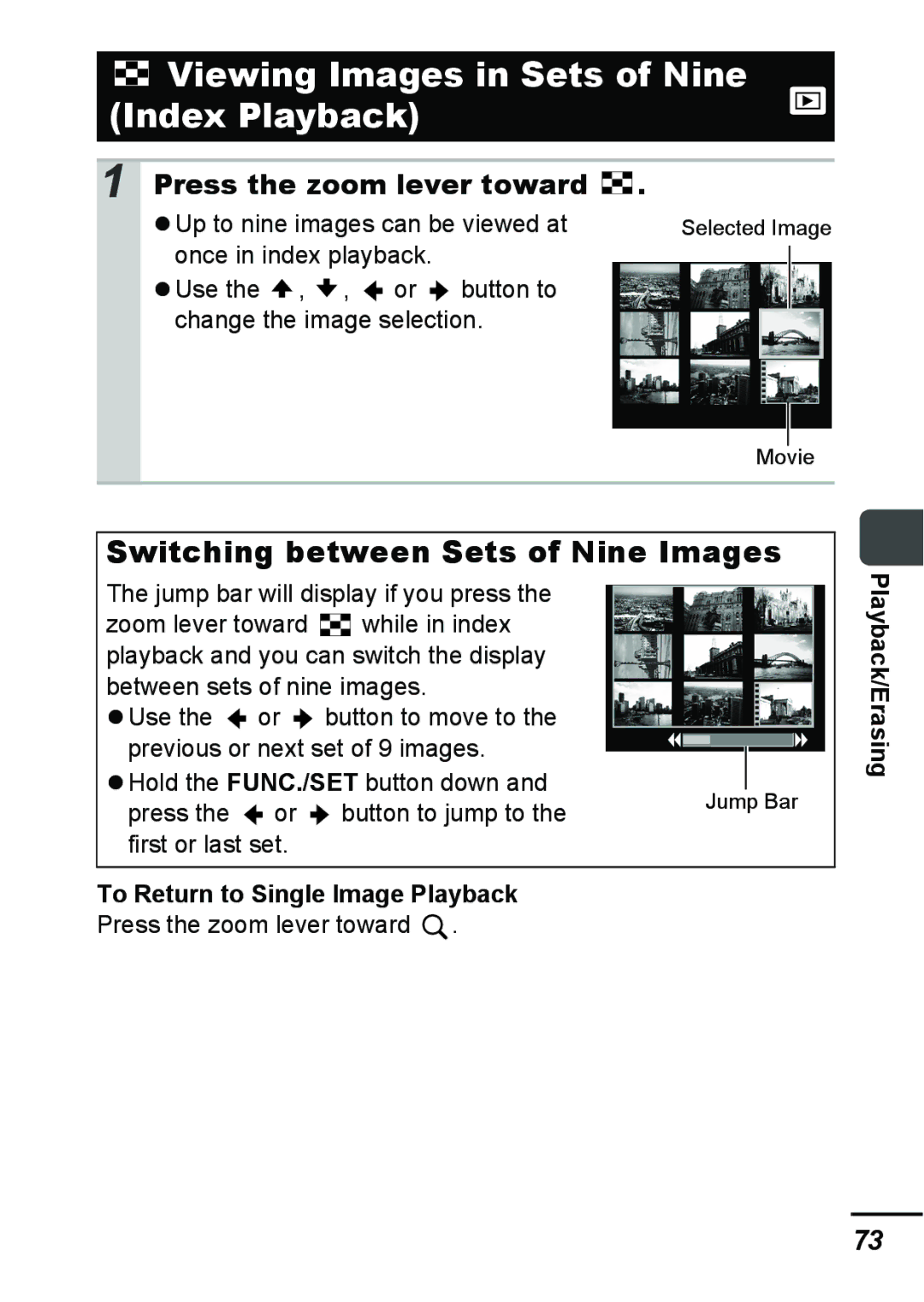 Canon A540 appendix Viewing Images in Sets of Nine Index Playback, Switching between Sets of Nine Images, Playback/Erasing 