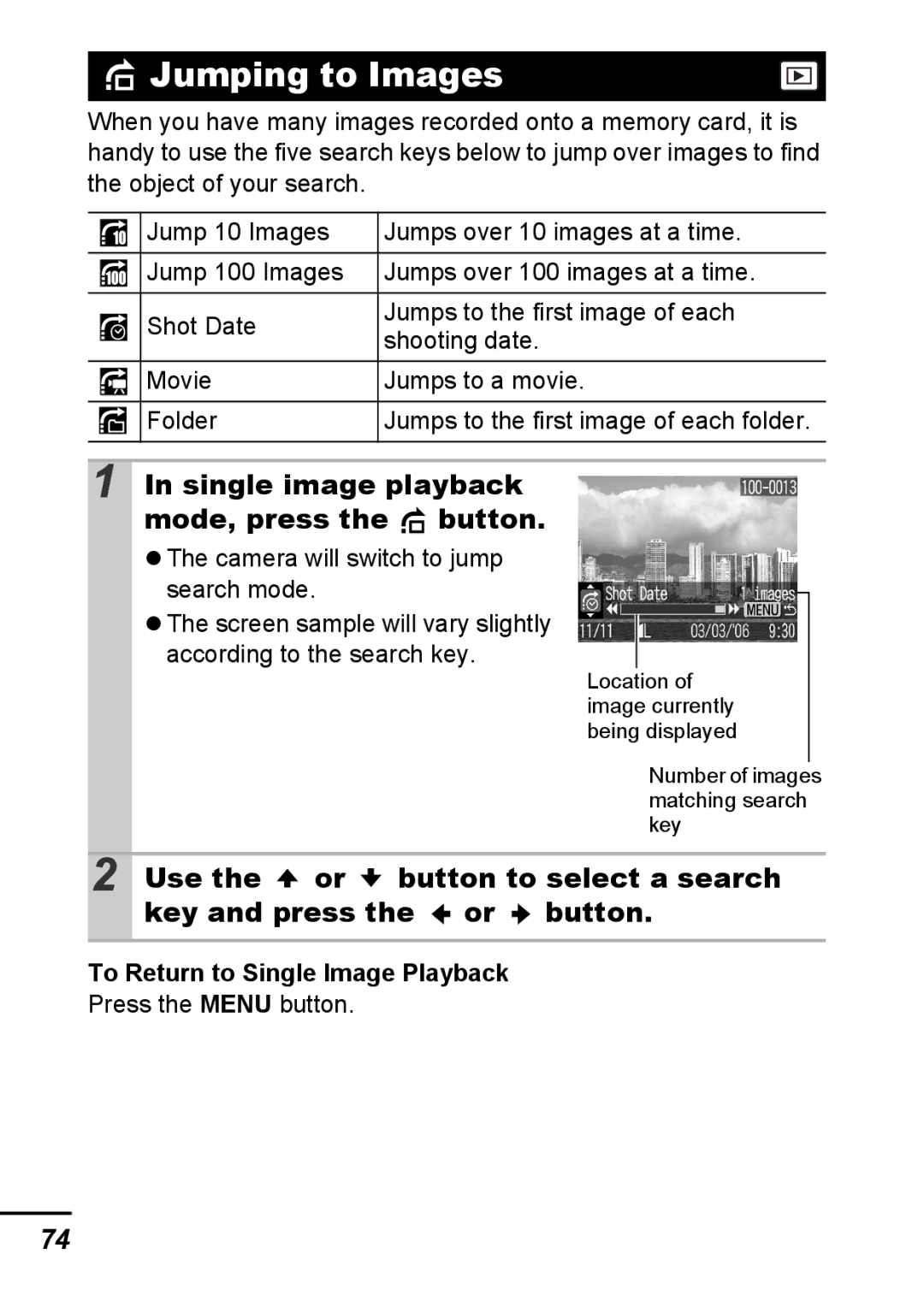 Canon A540 appendix Jumping to Images, Single image playback mode, press the button, Camera will switch to jump search mode 