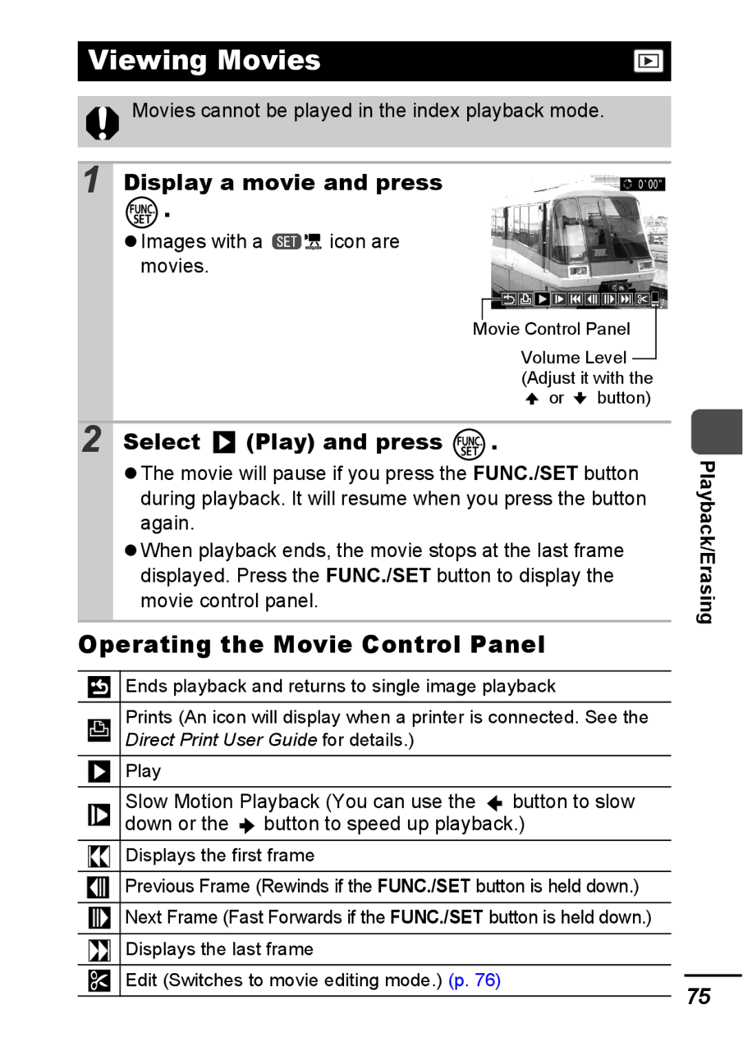 Canon A540 appendix Viewing Movies, Operating the Movie Control Panel, Display a movie and press, Select Play and press 