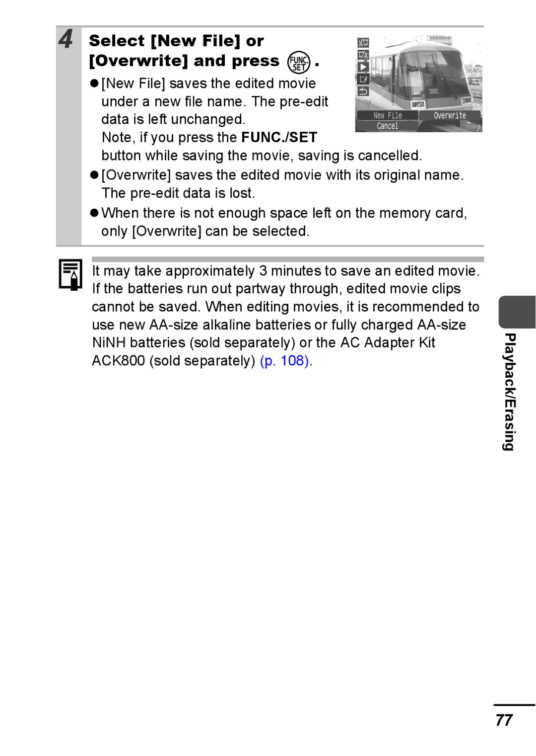 Canon A540 appendix Select New File or Overwrite and press 