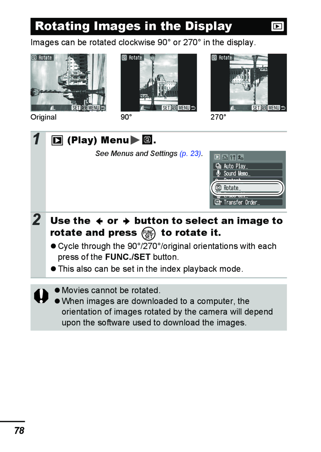 Canon A540 appendix Rotating Images in the Display, Play Menu, Images can be rotated clockwise 90 or 270 in the display 