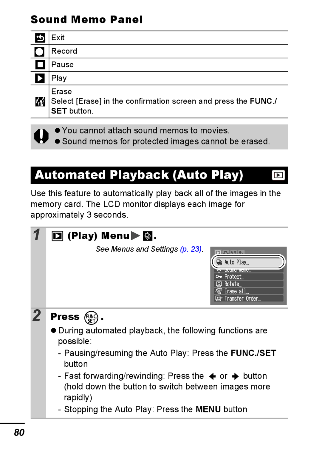 Canon A540 appendix Automated Playback Auto Play, Sound Memo Panel 