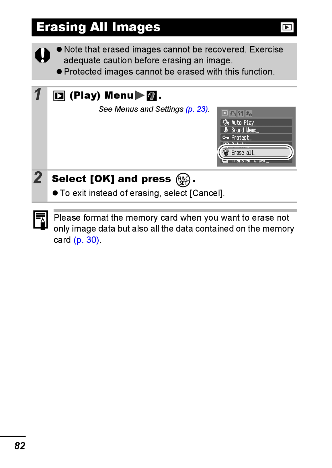 Canon A540 appendix Erasing All Images, Protected images cannot be erased with this function 