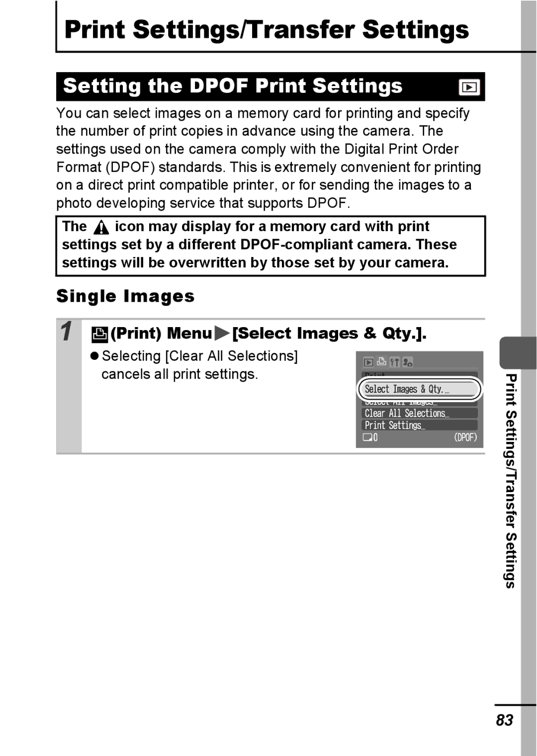 Canon A540 appendix Setting the Dpof Print Settings, Single Images, Print Menu Select Images & Qty 