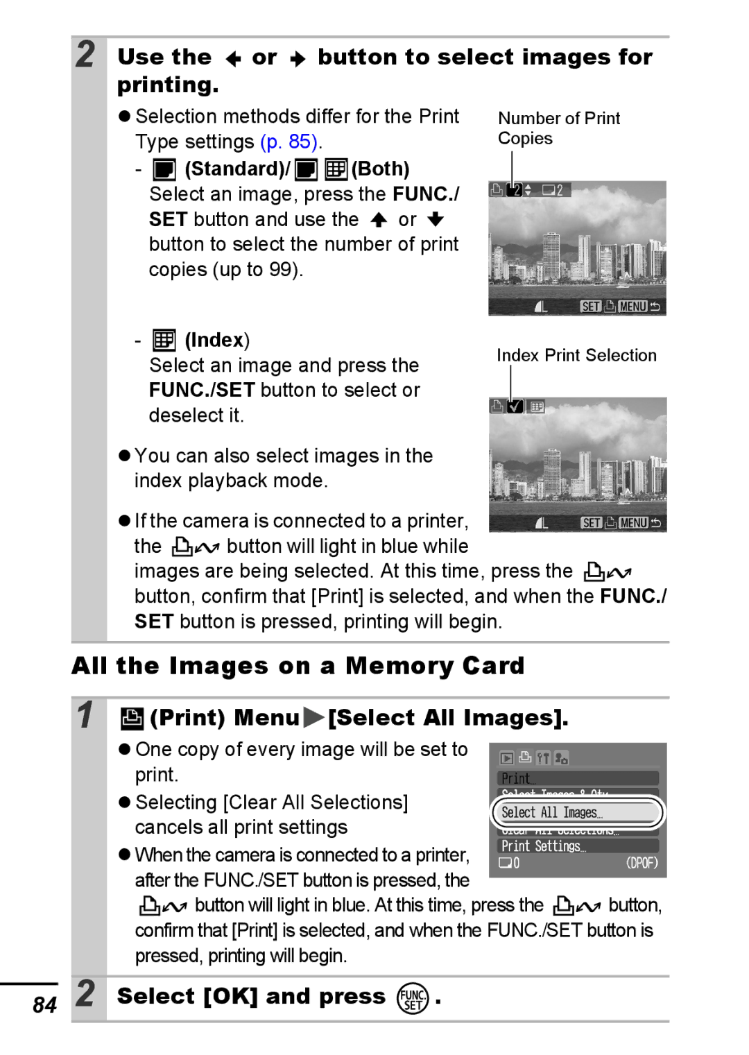 Canon A540 All the Images on a Memory Card, Use the or button to select images for printing, Print Menu Select All Images 