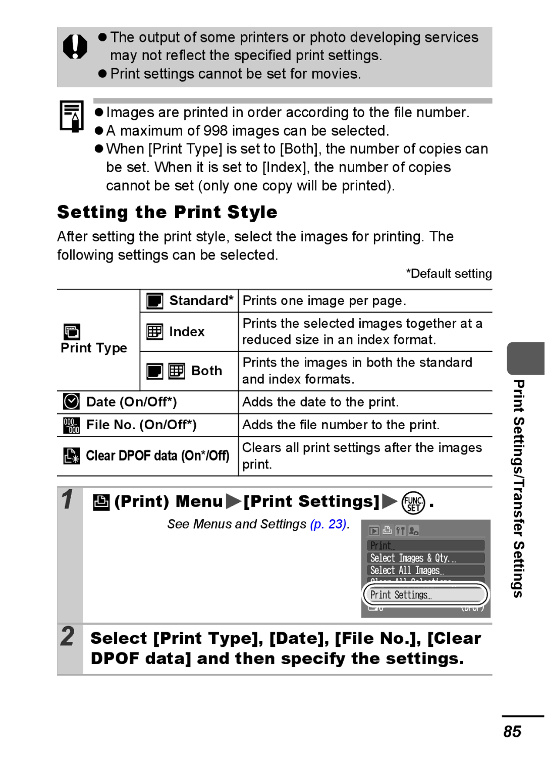 Canon A540 appendix Setting the Print Style, Print Menu Print Settings, Standard Prints one image per Index 