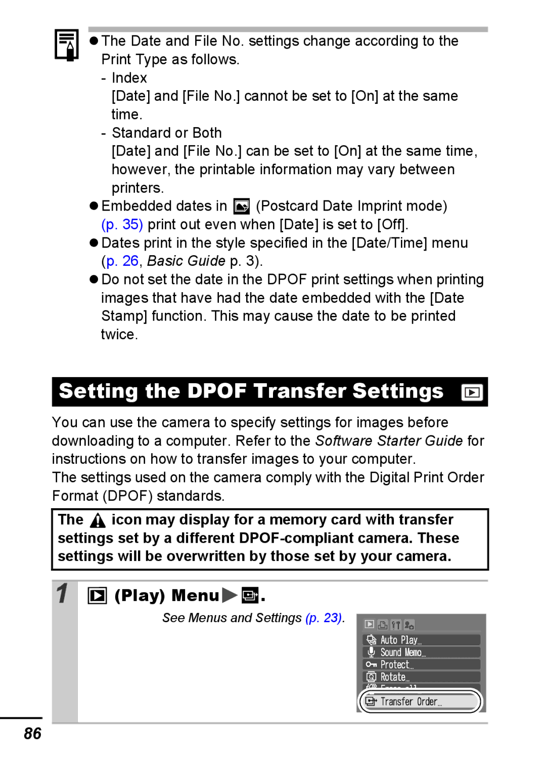 Canon A540 appendix Setting the Dpof Transfer Settings, Play Menu 