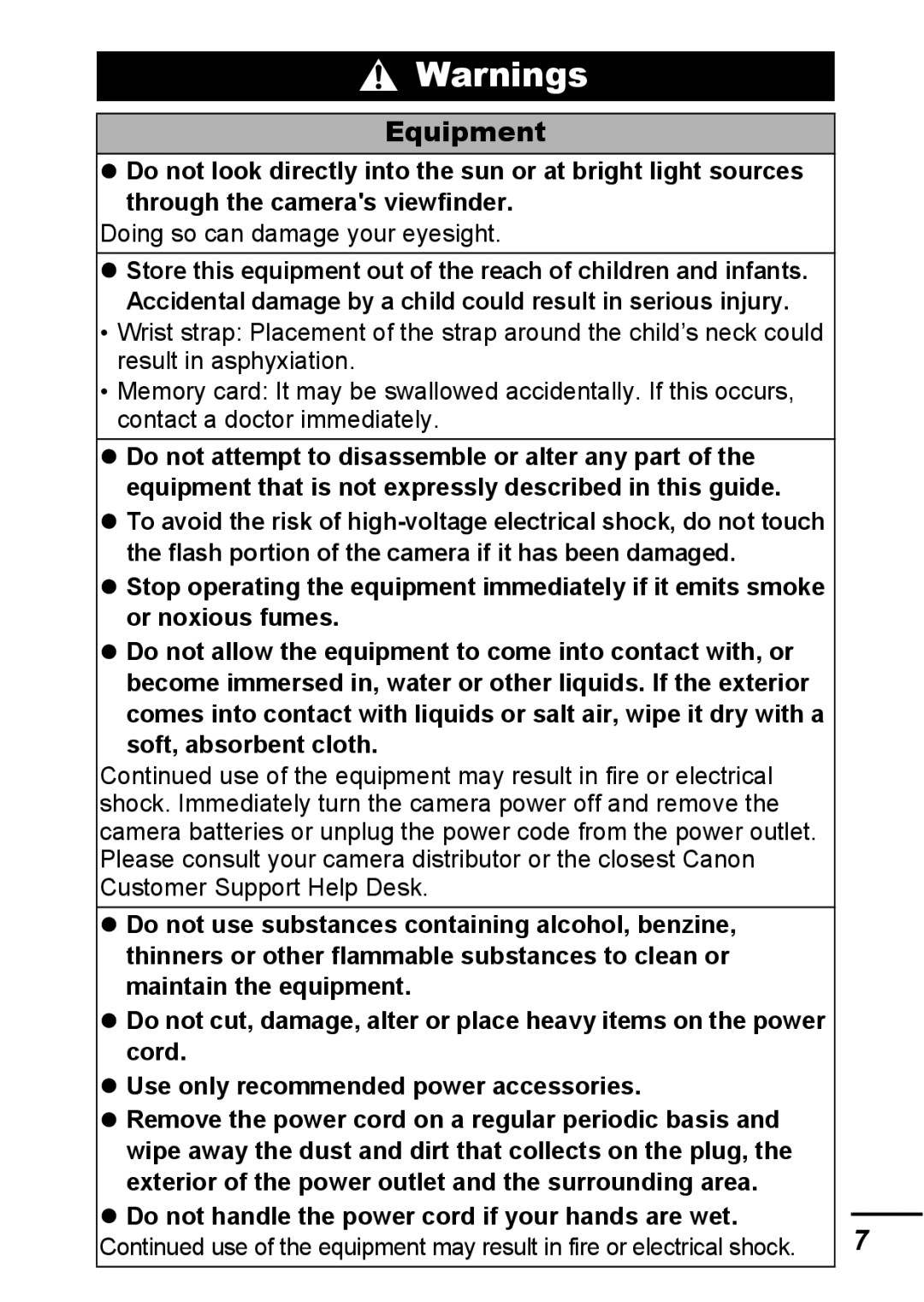 Canon A540 appendix Equipment, Doing so can damage your eyesight, Soft, absorbent cloth 