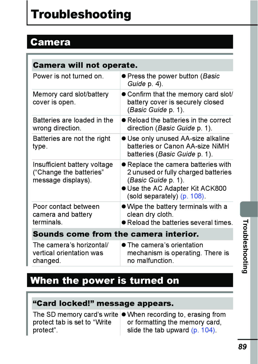 Canon A540 appendix When the power is turned on, Camera will not operate, Sounds come from the camera interior 