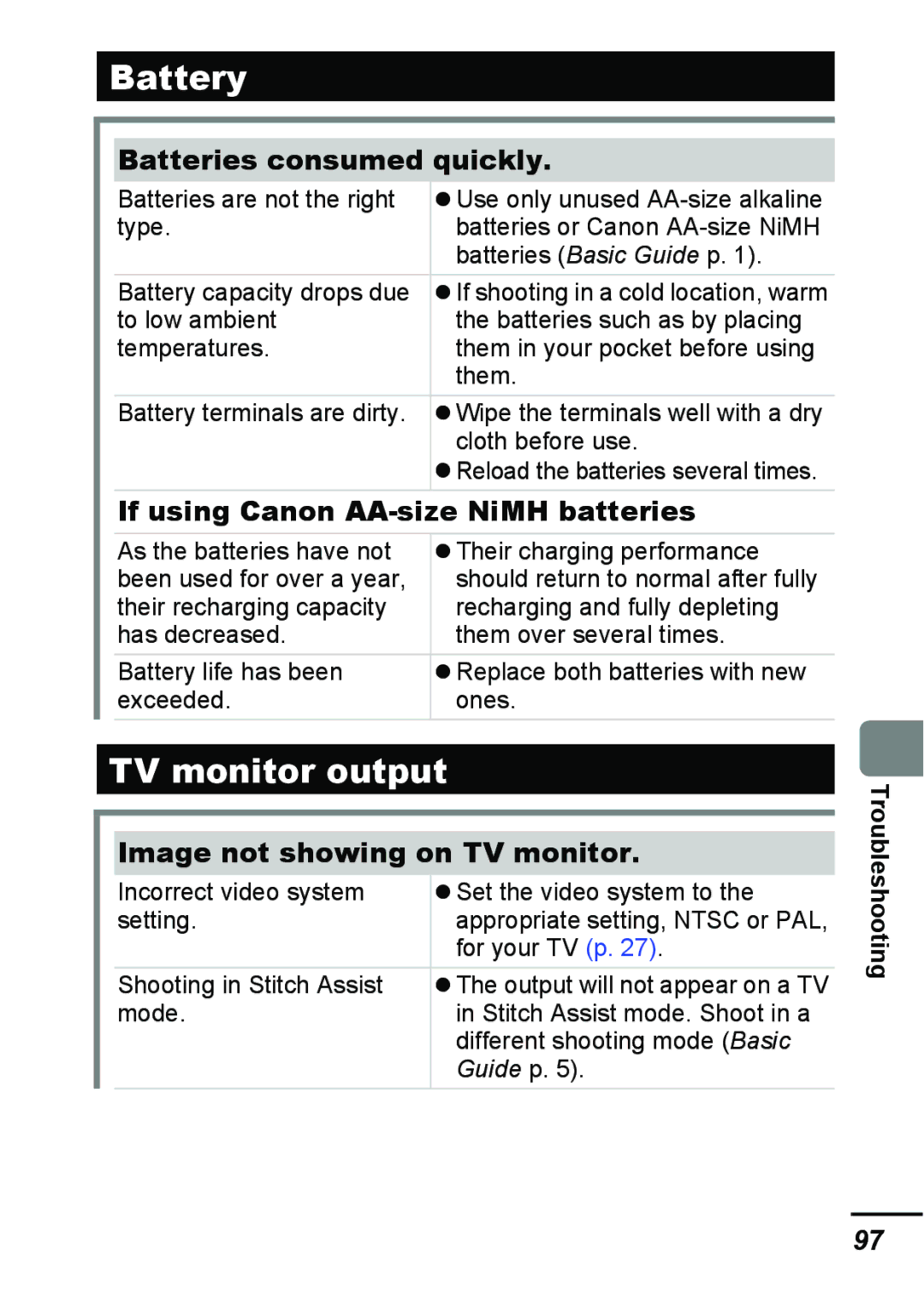 Canon A540 appendix Battery, TV monitor output, Batteries consumed quickly, If using Canon AA-size NiMH batteries 