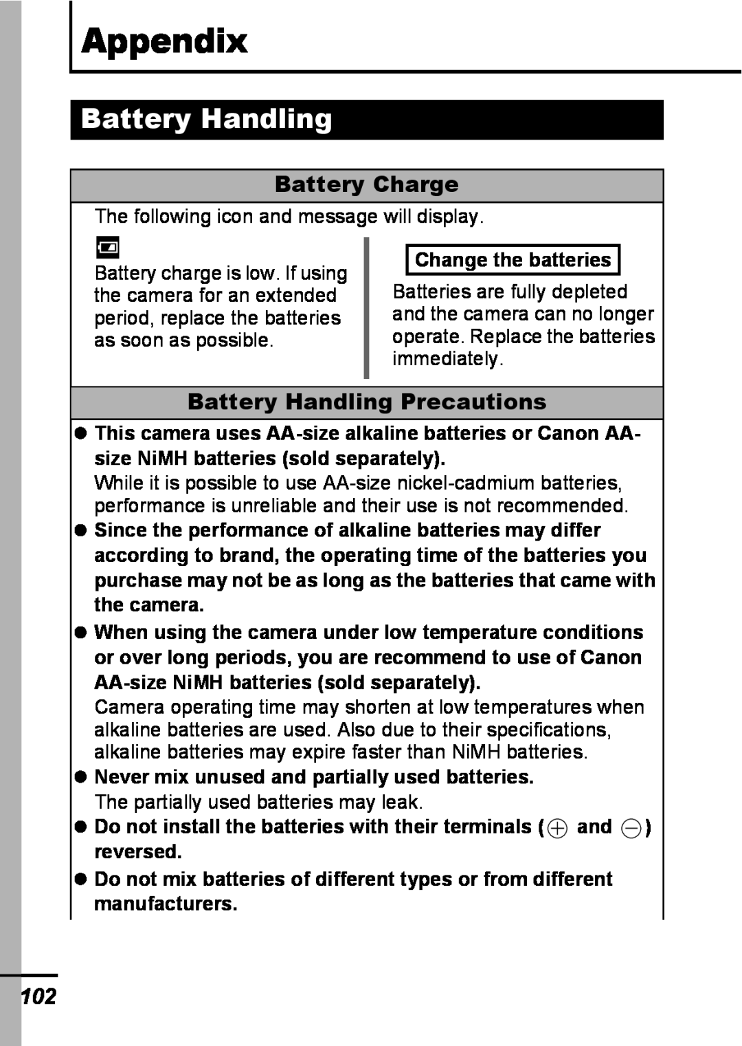 Canon A540 appendix Appendix, Battery Charge, Battery Handling Precautions, Change the batteries 