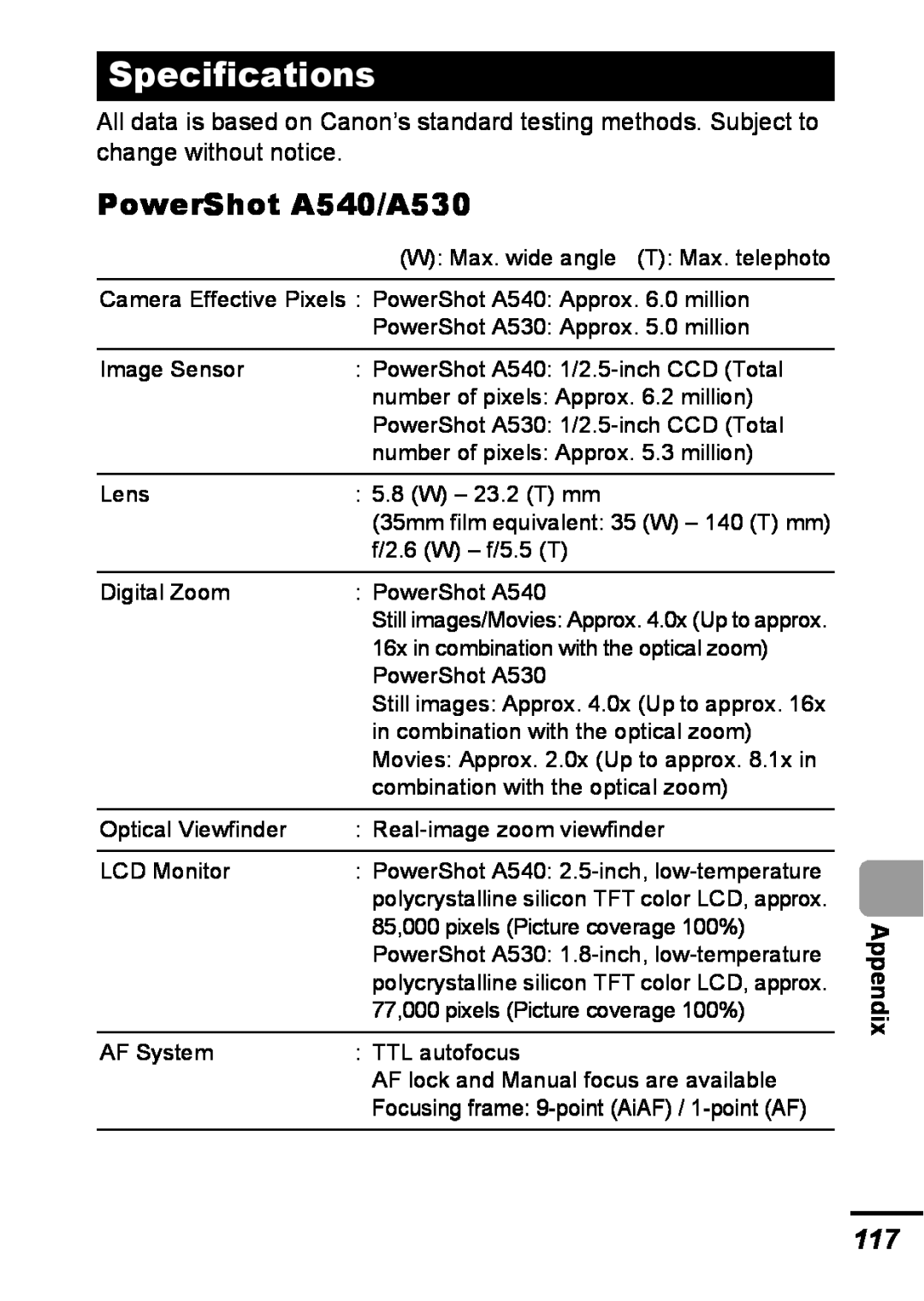 Canon appendix Specifications, PowerShot A540/A530, Appendix 