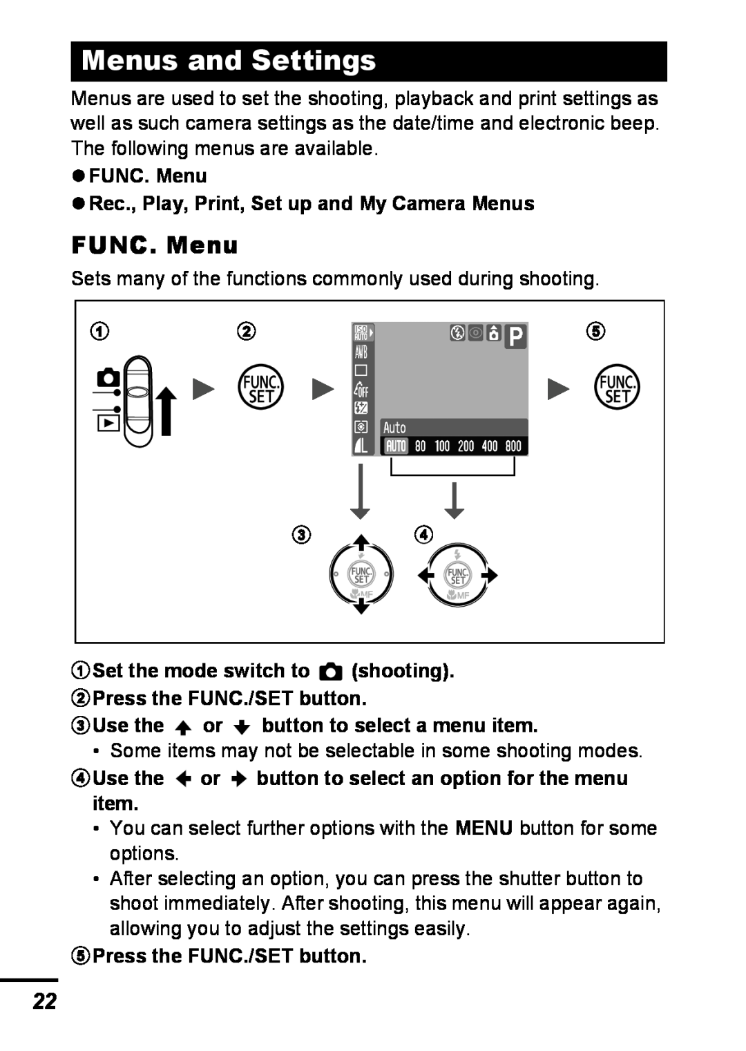 Canon A540 appendix Menus and Settings, FUNC. Menu Rec., Play, Print, Set up and My Camera Menus, c d 