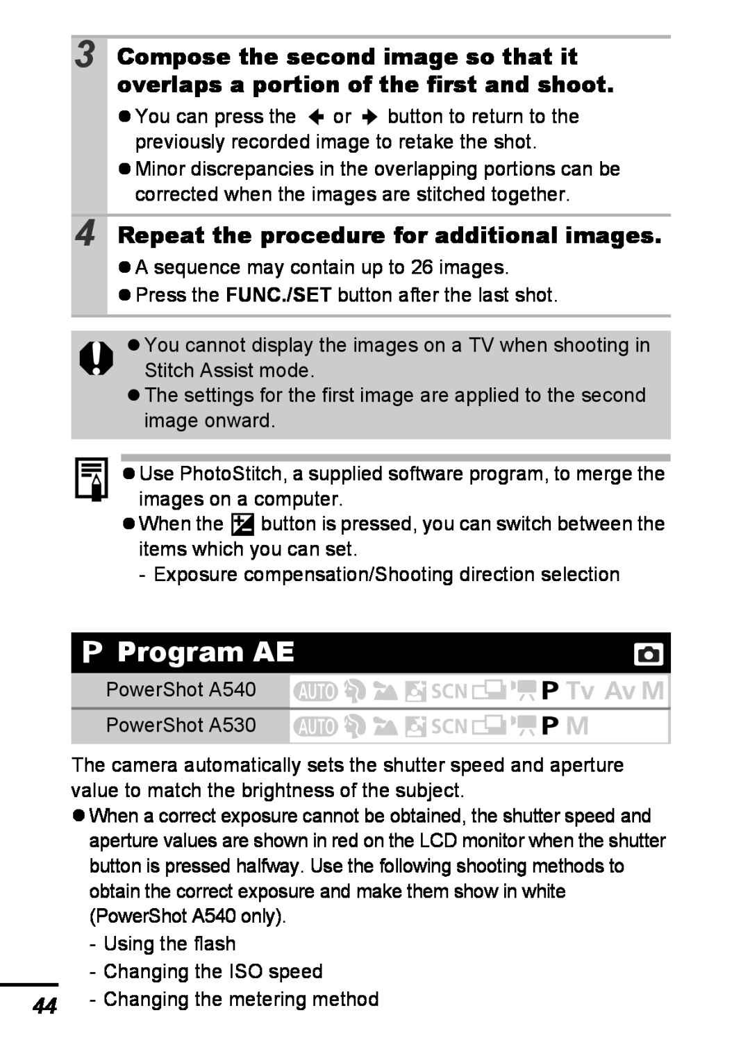 Canon A540 appendix Program AE, Repeat the procedure for additional images 