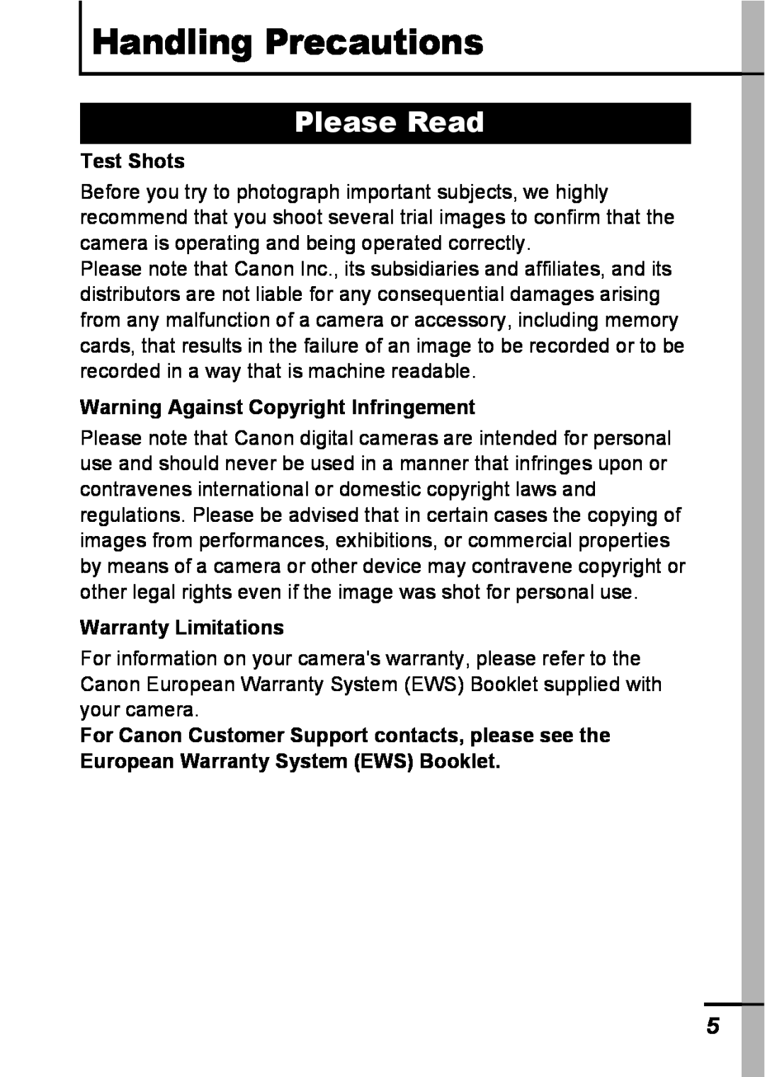 Canon A540 Handling Precautions, Please Read, Test Shots, Warning Against Copyright Infringement, Warranty Limitations 