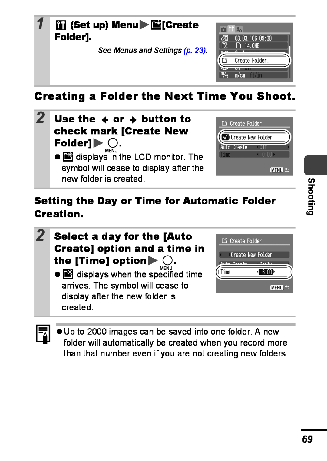 Canon A540 appendix Creating a Folder the Next Time You Shoot, Set up MenuCreate Folder, the Time option 
