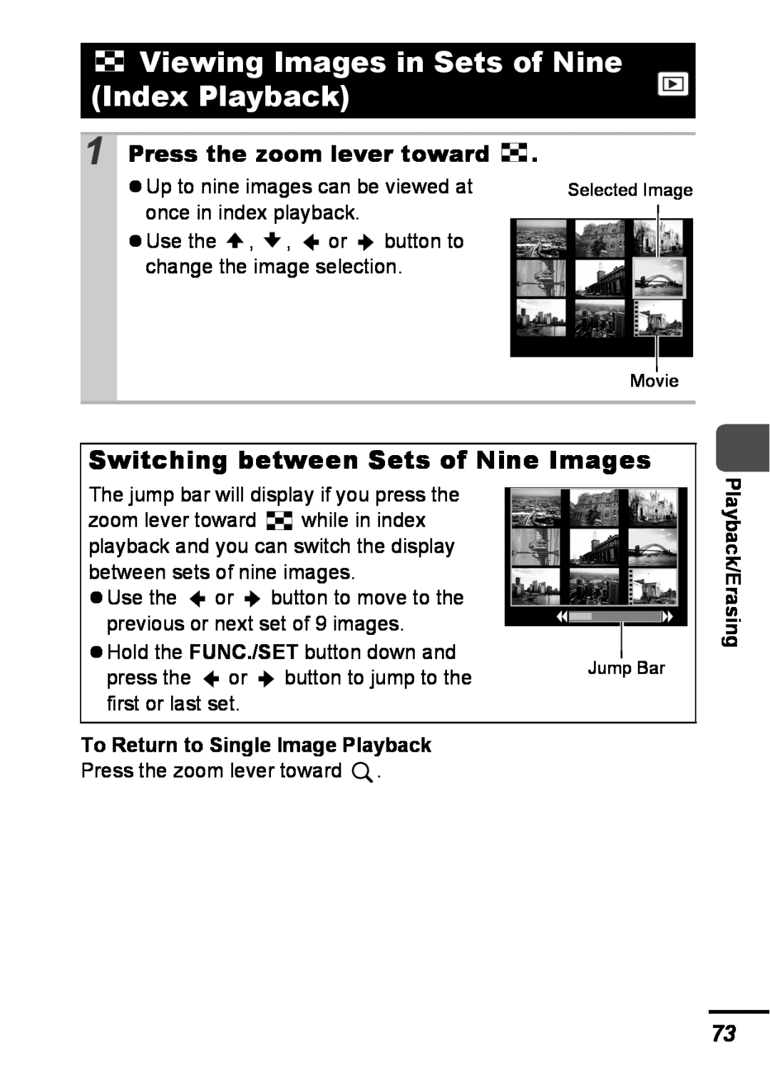 Canon A540 appendix Viewing Images in Sets of Nine Index Playback, Switching between Sets of Nine Images, Playback/Erasing 