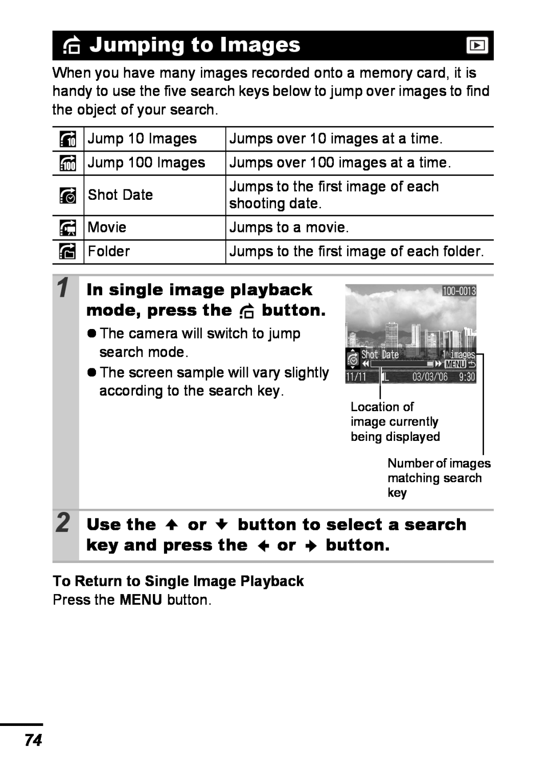 Canon A540 appendix Jumping to Images, In single image playback mode, press the button, To Return to Single Image Playback 